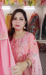 Pakistani Collection Misty Color Red Yellow Suta work Dress - Image 4