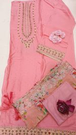 Pakistani Collection Misty Color Red Yellow Suta work Dress